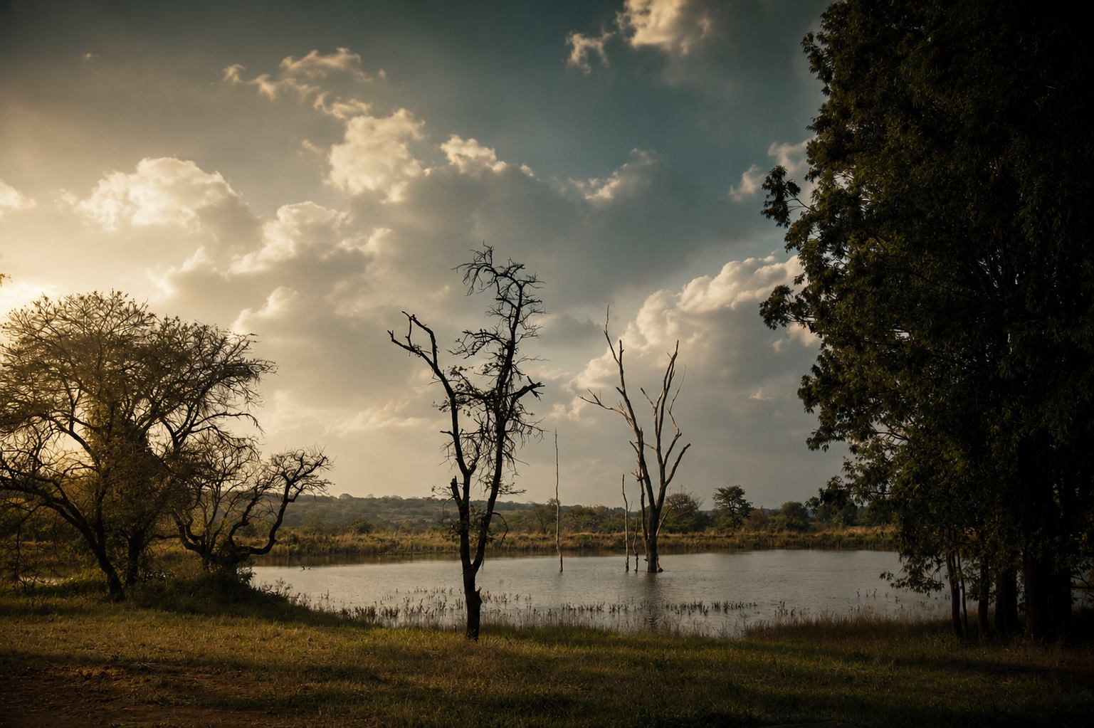 The farm dam at Vijgeboomsdrift at golden hour, with bare trees standing in the water