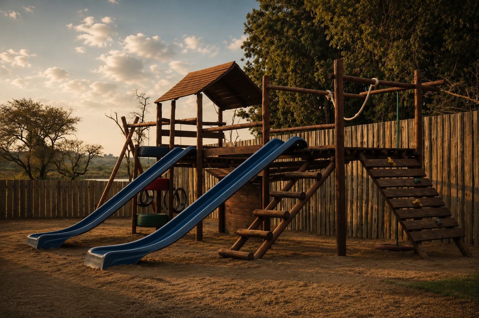 Wooden jungle gym with two blue slides at sunset