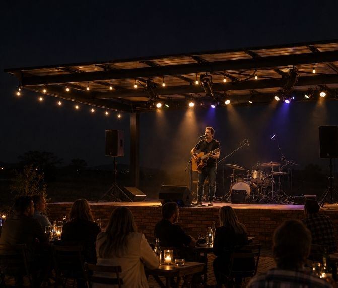 Live music near Louis Trichardt: a singer on the Vijgeboomsdrift stage at night